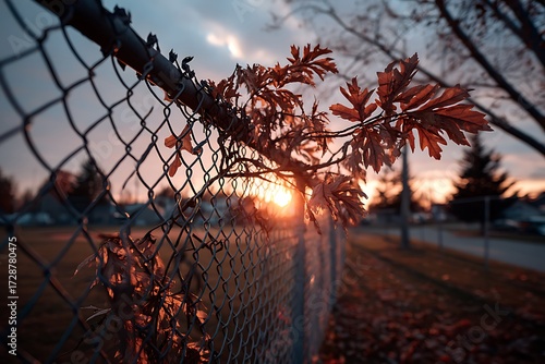 Wallpaper Mural The setting sun casting its warm glow on a baseball field through a chain link fence during autumn, capturing the serenity of the scene. Torontodigital.ca