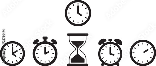 Clock icon, Alarm clock vector, Timepiece silhouette graphic, Wall clock clipart, Hourglass timer design, Stopwatch illustration art, Time symbol drawing, Desk clock logo, Vintage clock outline, Sand 