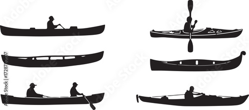 Canoe boat icon, Rowing canoe vector, Kayak silhouette graphic, Paddle canoe design, Small boat clipart, Canoe outline artwork, Traditional canoe illustration, River canoe element, Rowboat drawing lo