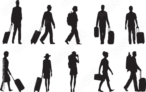Traveler icon, Passenger silhouette vector, Walking traveler outline, Tourist clipart graphic, Business traveler logo, Carry luggage illustration, Airport traveler art, Holiday tourist design, Travel 