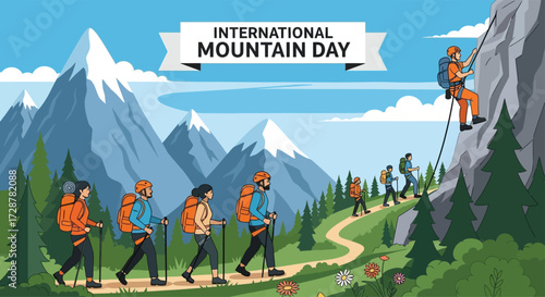 Flat vector poster showing hikers and climbers enjoying nature on mountain trails, celebrating International Mountain Day, vibrant and adventurous style