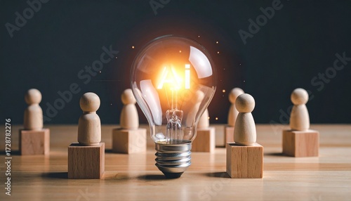 Glowing light bulb centered among wooden figures, symbolizing innovation and collaborative thinking.
