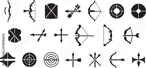Archery icon, Bow and arrow vector, Bullseye target silhouette, Archer shooting graphic, Hunting bow clipart, Sports archery design, Crossbow outline illustration, Target practice artwork, Traditional