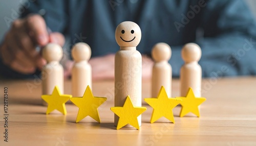 Smiley-faced wooden figure stands out with a five-star rating, symbolizing excellence and recognition.