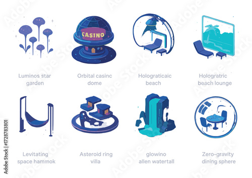 Futuristic leisure concepts: gardens, casinos, lounges, villa, and waterfall