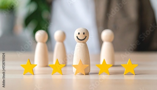 Smiley-faced wooden figure stands out with a five-star rating, symbolizing excellence and recognition.