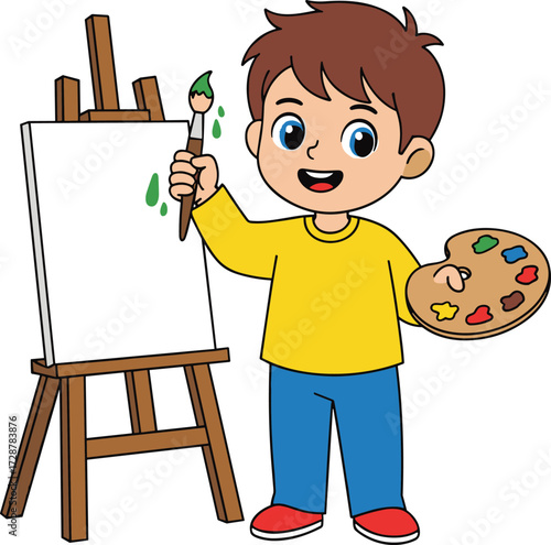 Cartoon child painting on canvas with brush and palette, creative art activity, vector illustration for kids, learning, and artistic expression content