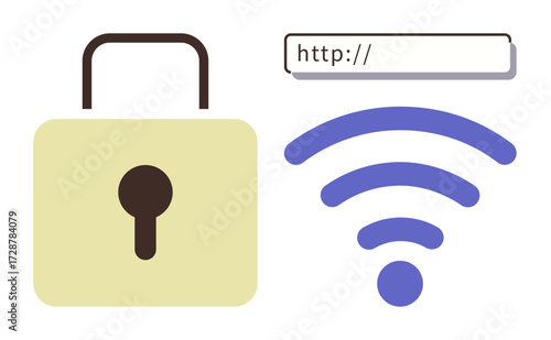 Lock, wireless icon, and internet URL bar emphasize cybersecurity, web privacy, and connectivity. Ideal for concepts thumbs up data protection, access control, online browsing, internet safety