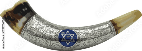 Decorative silver-plated shofar with Star of David, Jewish ceremonial ram horn, Yom Kippur symbol, Rosh Hashanah Judaica item
