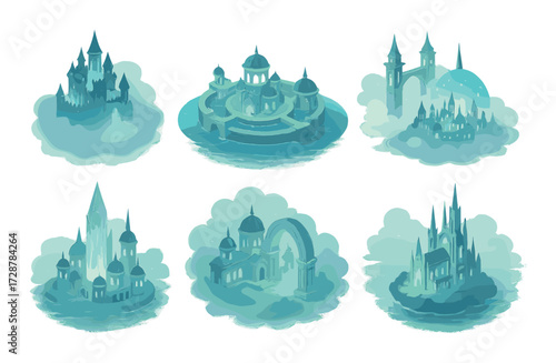 Enchanted floating castles in ethereal misty skies