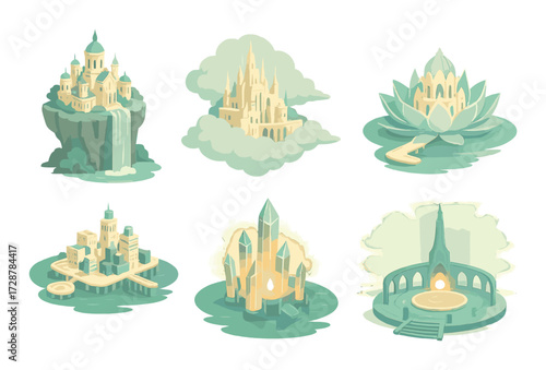 Dreamy fantasy castles collection with surreal settings and magical architecture