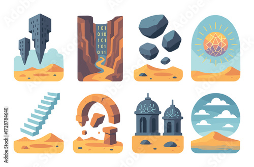 Surreal landscapes with abstract structures in desert terrain