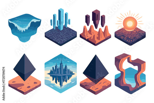 Surreal geometric landscapes with floating islands and abstract shapes
