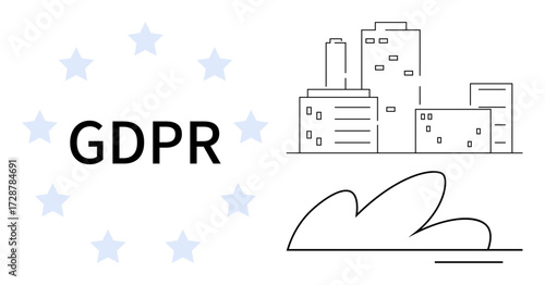 Urban buildings, minimalist cloud, surrounded by stars representing European Union GDPR compliance. Ideal for legal, privacy, data security, regulations, business, cybersecurity cloud integration