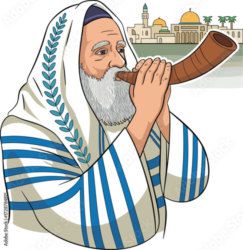 Jewish man blowing shofar in traditional tallit, Jerusalem background, Yom Kippur illustration, Rosh Hashanah celebration, Judaism vector art