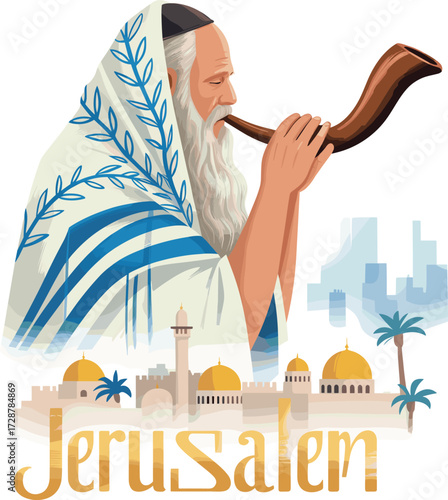 Jewish man blowing shofar in traditional tallit, Jerusalem background, Yom Kippur illustration, Rosh Hashanah celebration, Judaism vector art