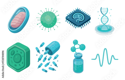 Biotechnology icons: dna, microchip, mitochondria, cells, and molecules in neon glow