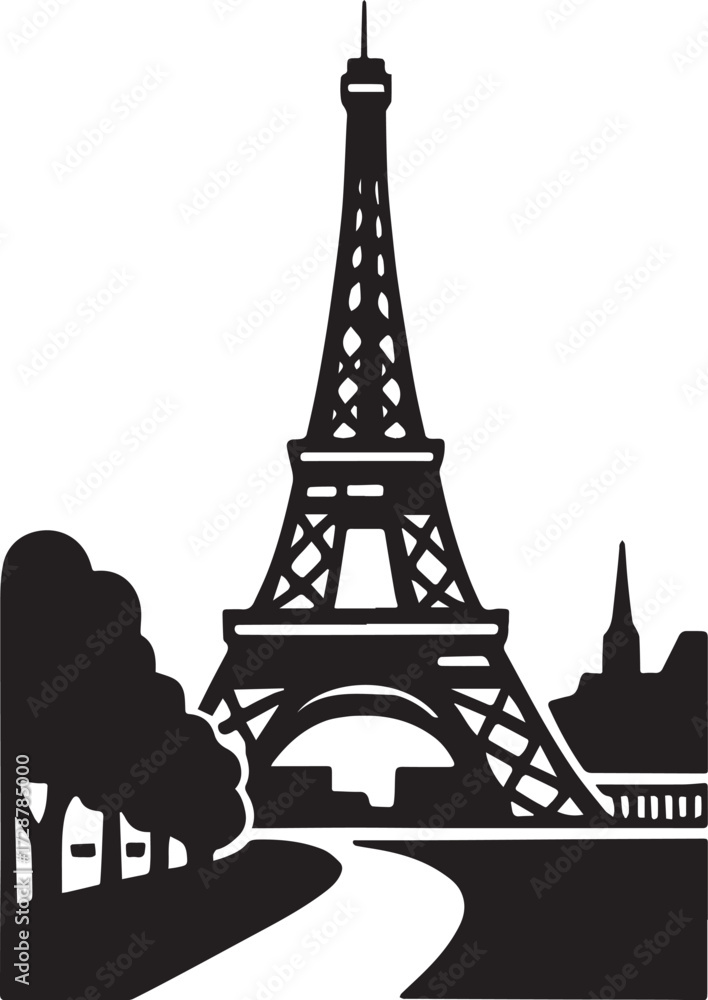 Obraz premium Eiffel Tower silhouette with trees and pathway black and white vector illustration symbolizing Paris and French architecture