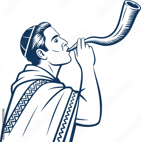 Jewish man blowing shofar in traditional tallit, Jerusalem background, Yom Kippur illustration, Rosh Hashanah celebration, Judaism vector art