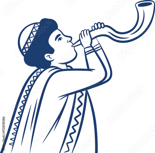 Jewish man blowing shofar in traditional tallit, Jerusalem background, Yom Kippur illustration, Rosh Hashanah celebration, Judaism vector art