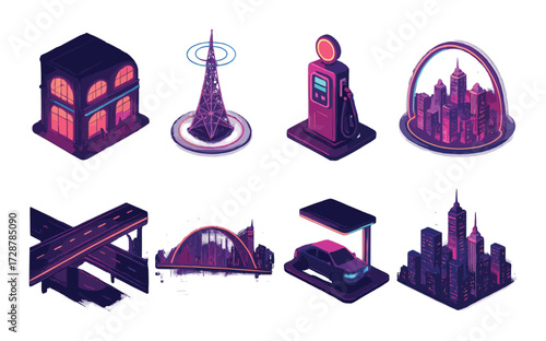 Futuristic neon isometric cityscape with urban elements and infrastructure