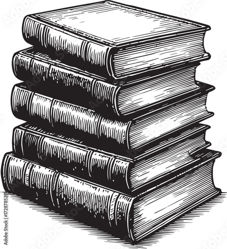 Stack of vintage hardcover books black and white vector illustration symbolizing knowledge, literature, and education