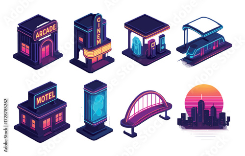 Neon urban icons depicting cinema arcade motel train station and cityscape