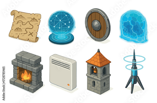 Fantasy adventure icons: map, hologram, shield, force field, fireplace, vent, tower, rocket