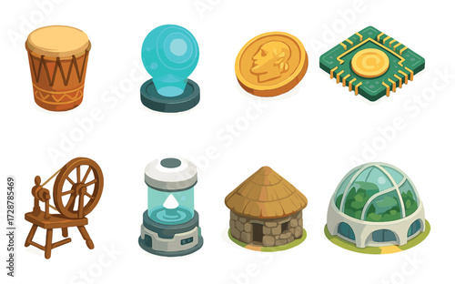 Collection of various iconic symbols and objects in a colorful cartoon style