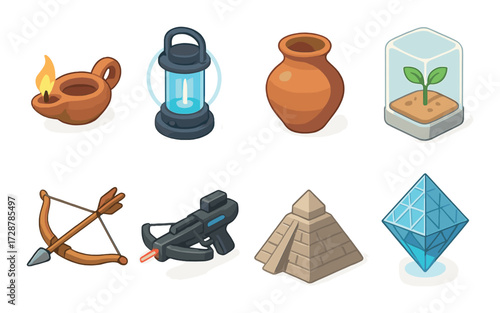 Collection of various cartoon styled icons representing history and technology