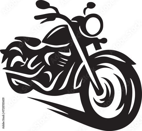 Stylized motorcycle in motion black and white vector illustration with swirling lines for biker branding and automotive design