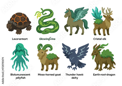 Fantasy creatures: lava armort, glowing vine, crystal elk, bioluminescent jellyfish, moss-horned goat, thunder hawk deity, earth-root dragon