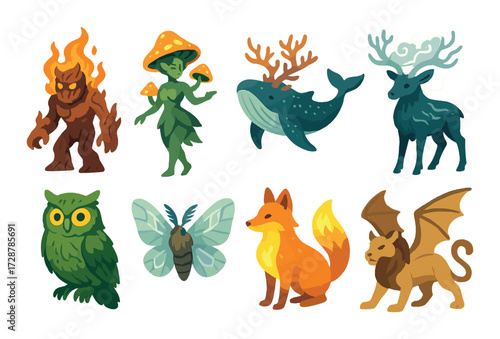 Colorful fantasy creatures set with magical forest animals and mythical beings