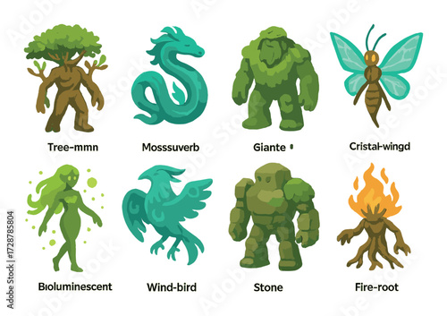 Fantasy elemental creatures: tree, snake, golem, fairy, nymph, bird, rock, flame