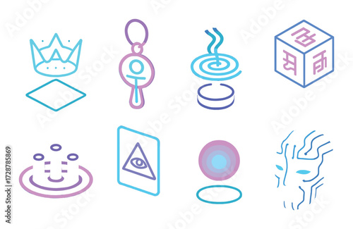 Futuristic neon symbols with crown, mirror, smoke, cube, and mask