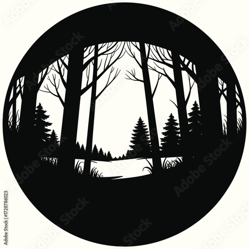 Black silhouette of a forest with bare trees and evergreen trees nature winter