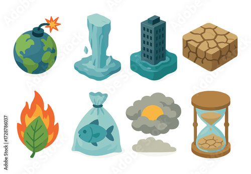 Environmental symbols representing global issues including climate change and pollution
