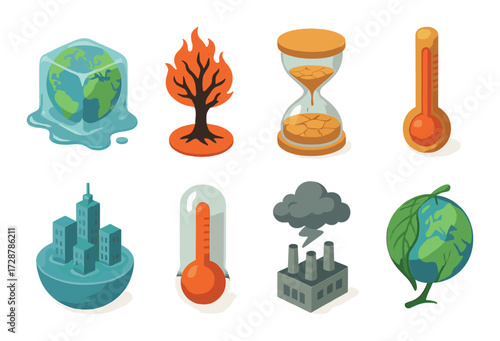 Climate change symbols: melting earth, drought, and global warming icons highlight environmental issues