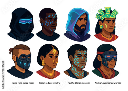 Diverse futuristic warriors with neon and cultural elements in attire