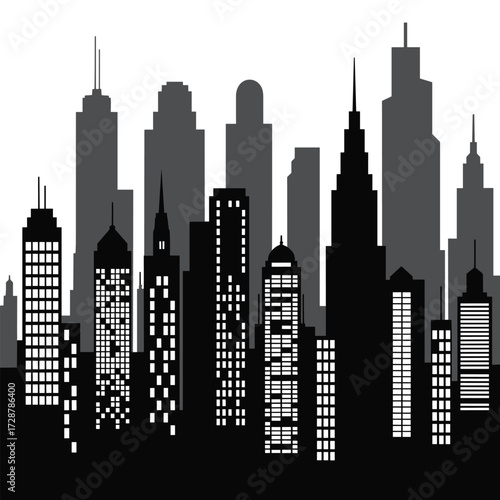 City Skyline Silhouette with Illuminated Windows at Night buildings skyscrapers