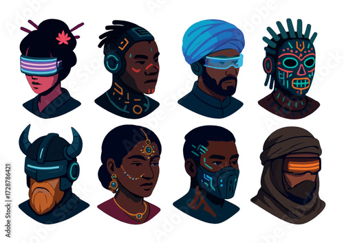 Futuristic portraits of diverse individuals with cyberpunk elements