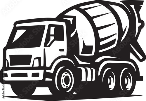 Cement mixer truck black and white vector illustration with rotating drum and road lines for construction and transport branding