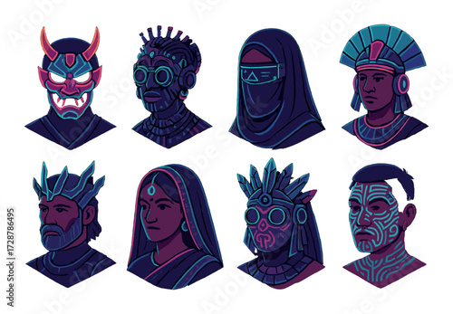Futuristic and traditional portraits of diverse individuals in neon light