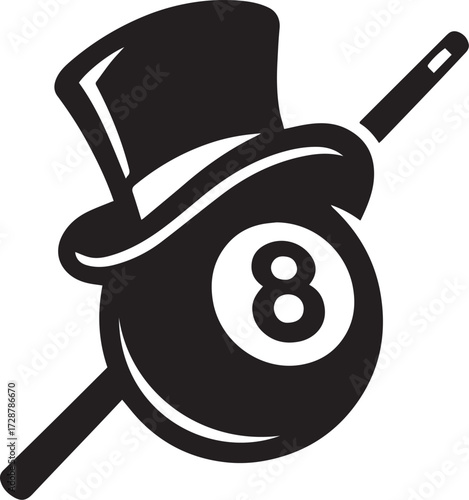 Stylized 8-ball with top hat and pool cue black and white vector illustration for billiards branding and entertainment design