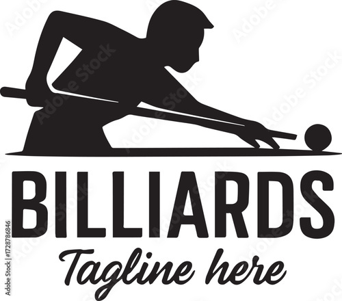 Billiards player silhouette logo black and white vector illustration with cue stick and customizable tagline for sports branding
