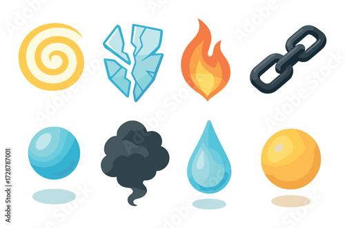 Fantasy element icons: magic, ice, fire, metal, water, air, light, dark