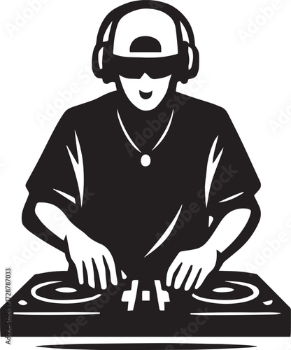 DJ mixing music at turntable black and white vector illustration with headphones and cap for entertainment branding