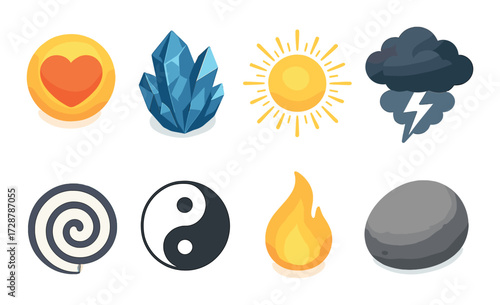 Set of eight vibrant element icons: heart, crystal, sun, storm, spiral, yin yang, fire, stone