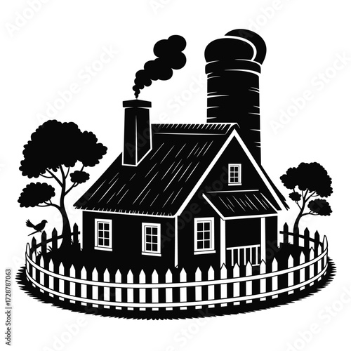 Rural Farmhouse Silhouette with Silo and Fence Keywords: farm, farmhouse, rural, country, silo