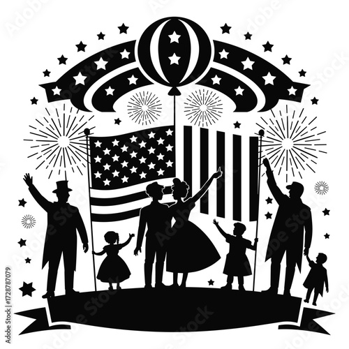 Silhouette Family Celebrating Independence Day With American Flags And Fireworks Keywords